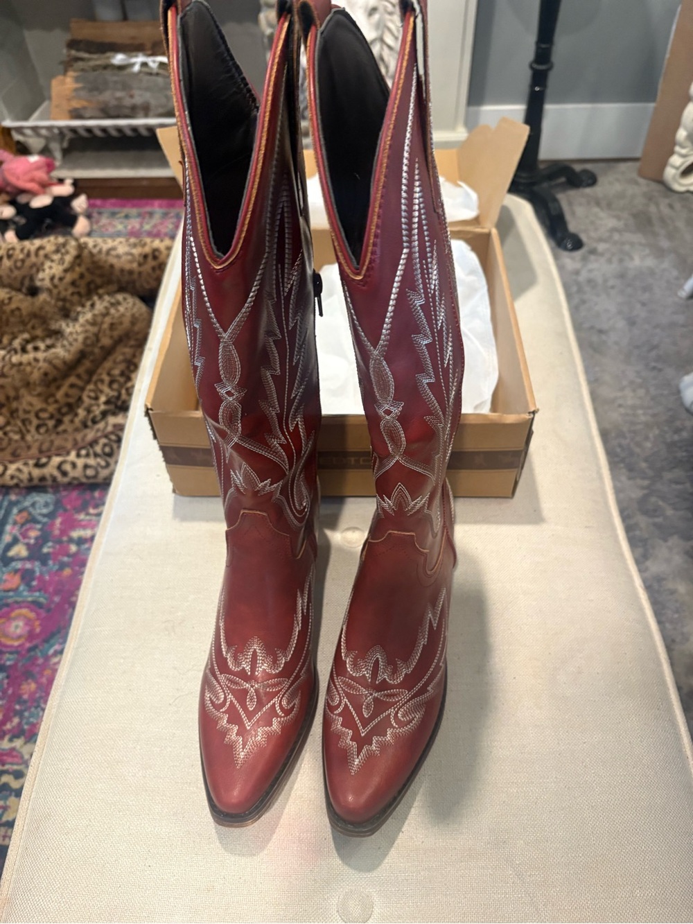 Women's Red Western Embroidered  Vegan Leather Boots